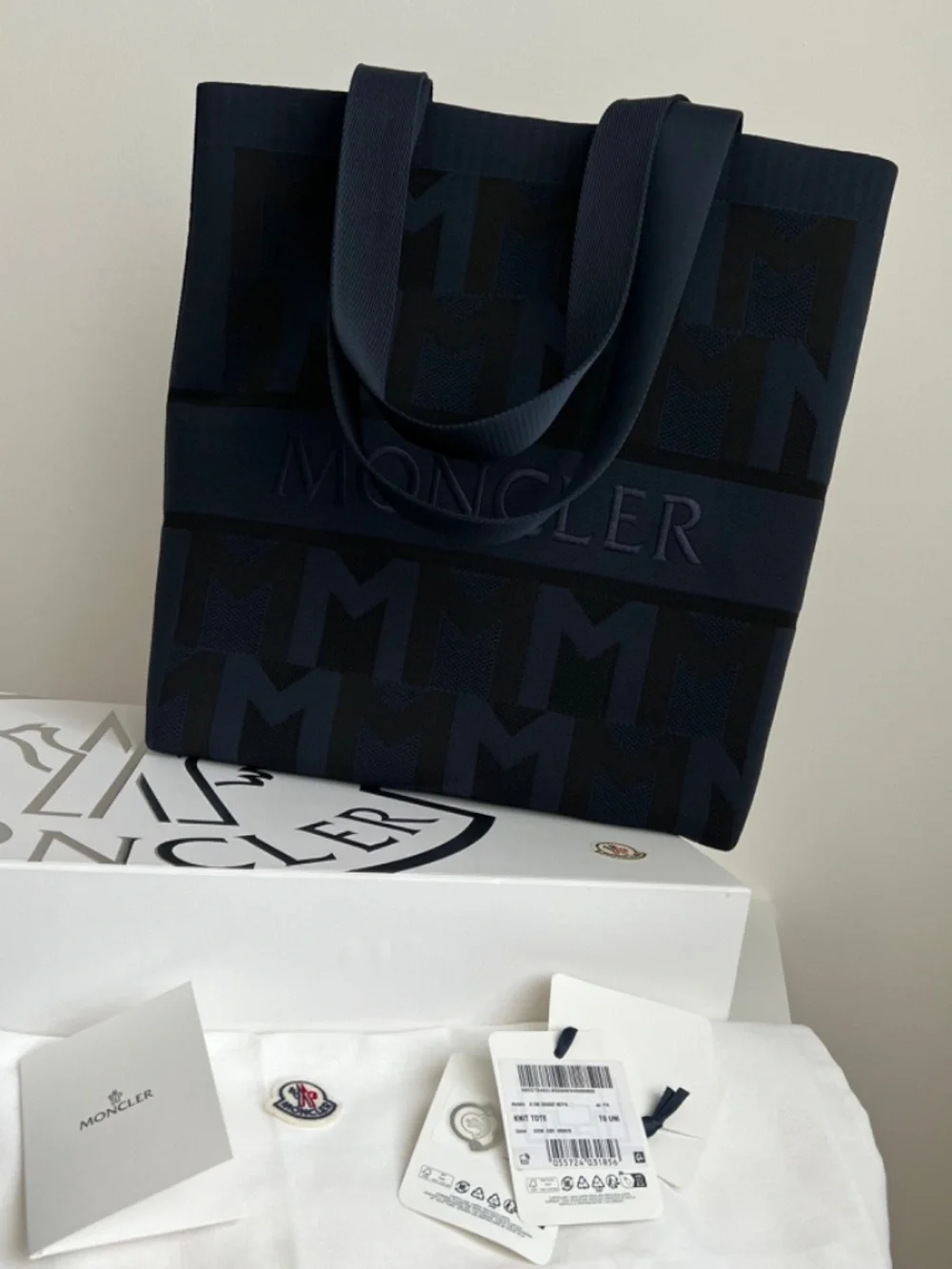 Moncler Bag Unisex Large Tote Navy Blue Knitted Jacquard Shopper Travel $1,500